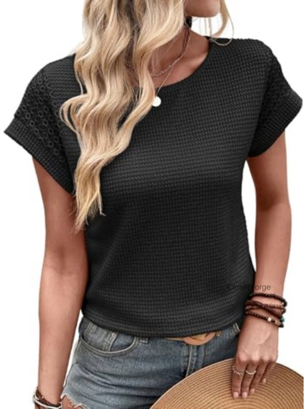 Waffle Knit Lace Short Sleeve Crewneck Loose Fit Casual Tee Blouse